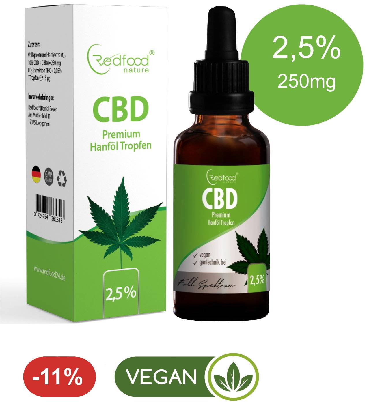 CBD Ã–l Tropfen 2,5% gÃ¼nstig kaufen 10ml Redfood 24