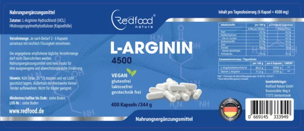 Entdecken Sie die Kraft von L-Arginin 400 – eine wertvolle Ergänzung für Ihre tägliche Gesundheitsroutine. Jede Kapsel ist reich an reinem L-Arginin, einer Aminosäure, die für die Unterstützung eines gesunden Blutflusses und die Förderung der Herz-Kreislauf-Gesundheit bekannt ist. Unsere hochwertige Formel bietet Ihnen 400 mg reines L-Arginin pro Kapsel, ohne Zusatzstoffe oder Füllstoffe. Vertrauen Sie darauf, dass Sie mit unseren L-Arginin-Kapseln eine natürliche und wirksame Unterstützung für Ihr Wohlbefinden erhalten. Ergänzen Sie Ihre Ernährung mit L-Arginin 400 für ein Leben in Balance und Vitalität