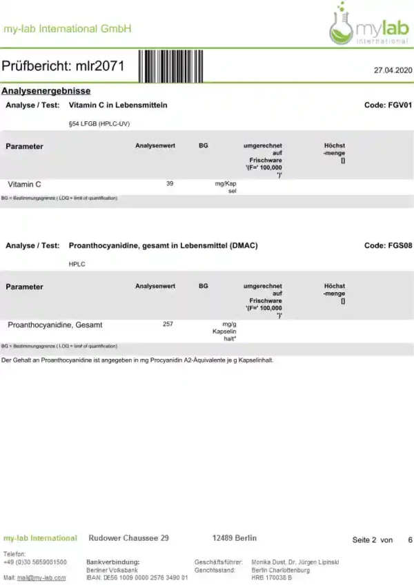 Zertifikt Laborbericht OPC französischen Trauben mit natürliche Vitamin C Kapseln
